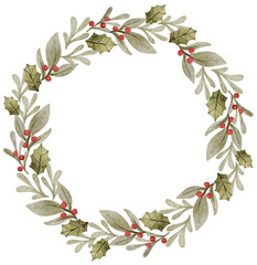 Fototapeta premium Watercolor Christmas wreath illustration. Holiday decorative branches with berries.