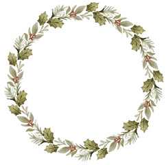 Fototapeta premium Watercolor Christmas wreath illustration. Holiday rounded decorative branches.