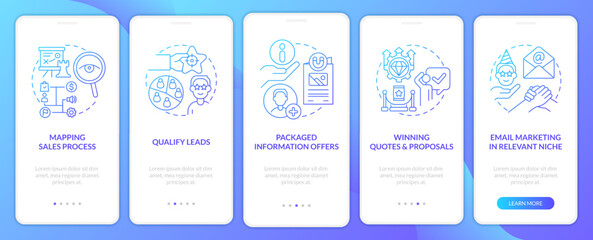 Process of lead conversion blue gradient onboarding mobile app screen. Walkthrough 5 steps graphic instructions with linear concepts. UI, UX, GUI template. Myriad Pro-Bold, Regular fonts used