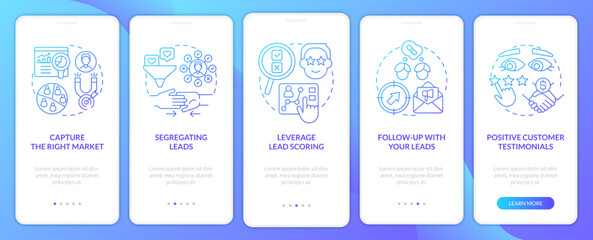 Practices of lead conversion blue gradient onboarding mobile app screen. Walkthrough 5 steps graphic instructions with linear concepts. UI, UX, GUI template. Myriad Pro-Bold, Regular fonts used