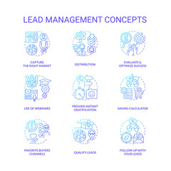 Lead management blue gradient concept icons set. Connect with buyers. Marketing strategy for business idea thin line color illustrations. Isolated symbols. Roboto-Medium, Myriad Pro-Bold fonts used