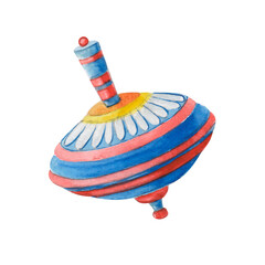 Watercolor whirligig - vintage colorful toy with chamomile in blue and red colors. Game for babies.