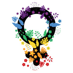 LGBTQ + symbol female, rainbow floral design with flowers and leaves, white background
