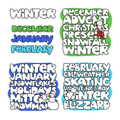 Calendar. Winter months. Hand drawn word. Funny bunny character 