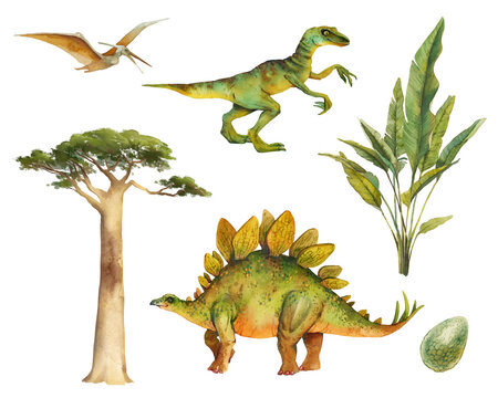 Dinosaurs illustration set. Hand painted watercolor cartoon dinosaur silhouettes isolated on white background.