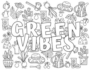 Love our planet, green vibes. Hand drawn coloring page for kids and adults. Eco concept, zero waste. Beautiful drawing with patterns and small details. Coloring book pictures. Vector