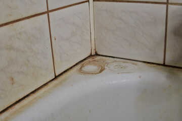 Old dirty bathtub, dirty joints between the tiles in the bathroom, toxic black mold in the corner...