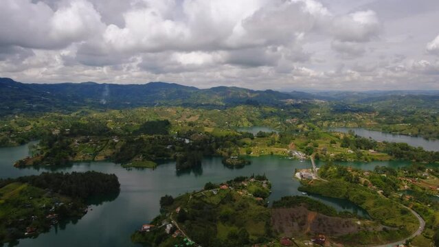 Time Lapse Guatape Reservoir Aerial View Near Medellin Colombia Natural Paradise Piedra del Penol