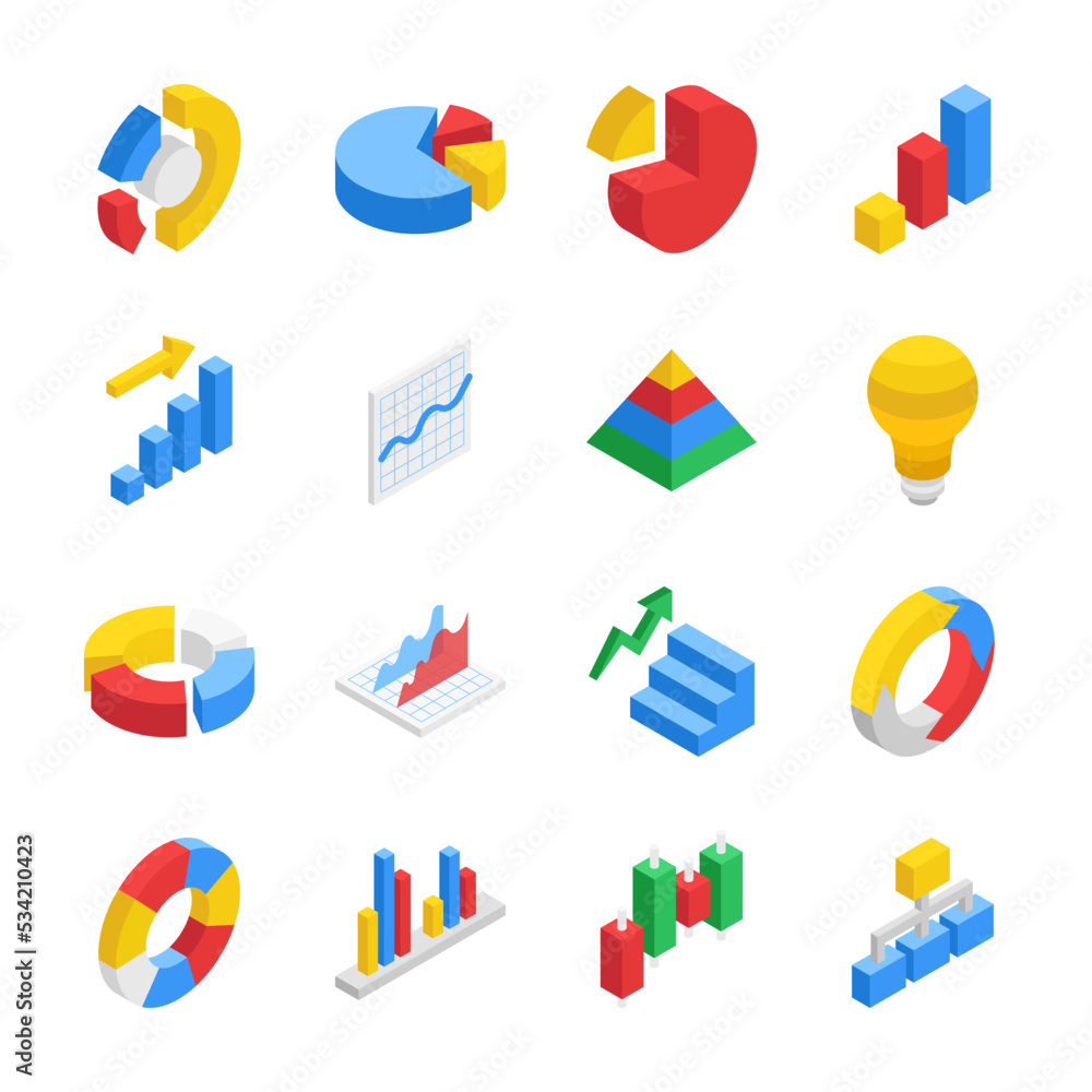Poster chart isometric icons set. statistical indicators, graphs and charts for analysis and visualization,