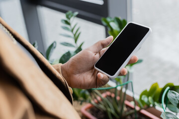 Cropped view of african american businesswoman holding smartphone with blank screen in office.