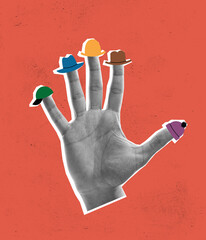 Contemporary art collage. Human hand with different hats on fingers. Autumn accessories collection