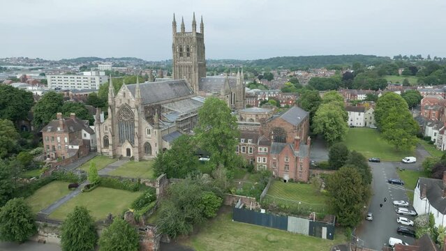 Aerial View of Worcester Cathedral, England UK, Famous Landmark With Tombs of King John and Prince Arthur