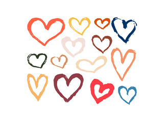 Set of different hand drawn paint hearts for Valentine's day, wedding. Vector illustration