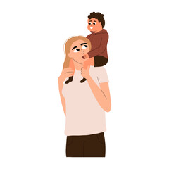 The child sits on the mother's shoulders. Happy motherhood concept. Vector illustration in hand drawn style