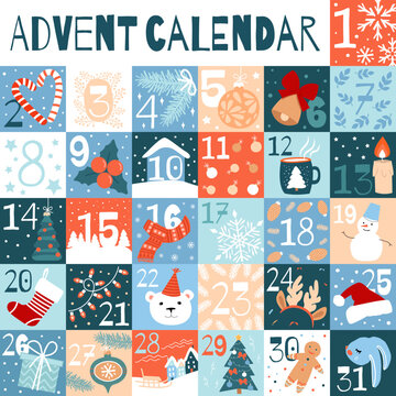 Christmas and New Year Advent calendar. 31 days. Funny and cute postcards with winter elements - Christmas tree, toys, gifts, bear, rabbit, snow and others. Vector modern flat illustration.