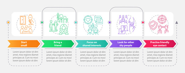 Overcome networking shyness rectangle infographic template. Data visualization with 5 steps. Editable timeline info chart. Workflow layout with line icons. Myriad Pro-Bold, Pro-Regular fonts used