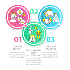 Networking strategies for shy professionals circle infographic template. Data visualization with 3 steps. Editable timeline info chart. Workflow layout with line icons. Myriad Pro-Regular font used
