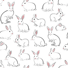 Seamless pattern with cute rabbit or hare in oriental style isolated on a white background. Graphic print.