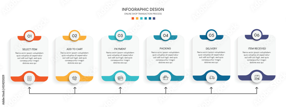 Poster process of online shopping with 6 steps. steps business timeline process infographic template