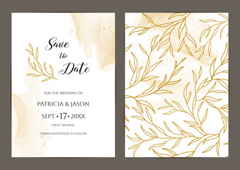 Wedding cards with elegant leaves. Universal vector template with elegant linear leaves and paint strokes on background. For invitations, save the date, greeting card design, posters and covers 