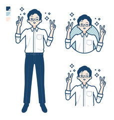 シャツを着た男性がピースサインをしているイラスト