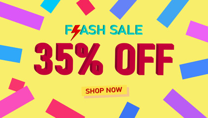 Flash Sale 35% Discount. Sales poster or banner with 3D text on yellow background, Flash Sales banner template design for social media and website. Special Offer Flash Sale campaigns or promotions.