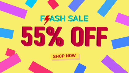 Flash Sale 55% Discount. Sales poster or banner with 3D text on yellow background, Flash Sales banner template design for social media and website. Special Offer Flash Sale campaigns or promotions. 