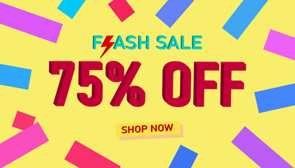 Flash Sale 75% Discount. Sales poster or banner with 3D text on yellow background, Flash Sales banner template design for social media and website. Special Offer Flash Sale campaigns or promotions.