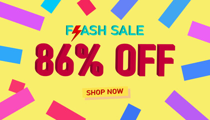 Flash Sale 86% Discount. Sales poster or banner with 3D text on yellow background, Flash Sales banner template design for social media and website. Special Offer Flash Sale campaigns or promotions.