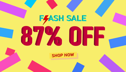 Flash Sale 87% Discount. Sales poster or banner with 3D text on yellow background, Flash Sales banner template design for social media and website. Special Offer Flash Sale campaigns or promotions.