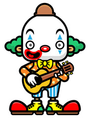 Naklejka premium Happy clown cartoon character playing ukulele guitar at birthday party, best for sticker, mascot, and logo with entertainment themes for kids
