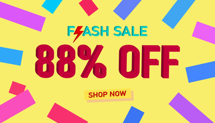 Flash Sale 88% Discount. Sales poster or banner with 3D text on yellow background, Flash Sales banner template design for social media and website. Special Offer Flash Sale campaigns or promotions.
