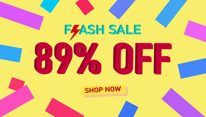 Flash Sale 89% Discount. Sales poster or banner with 3D text on yellow background, Flash Sales banner template design for social media and website. Special Offer Flash Sale campaigns or promotions.