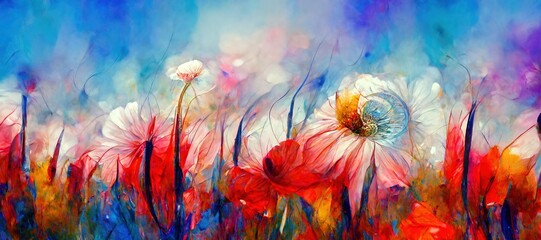 Fototapeta na wymiar Abstract flower fantasy of petal swirls, vibrant bright summer colors of crimson red, pink and sapphire blue. Gorgeous decoration & blooming beautiful design background.