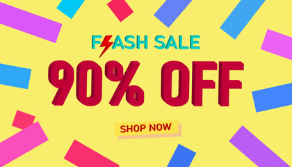 Flash Sale 90% Discount. Sales poster or banner with 3D text on yellow background, Flash Sales banner template design for social media and website. Special Offer Flash Sale campaigns or promotions.