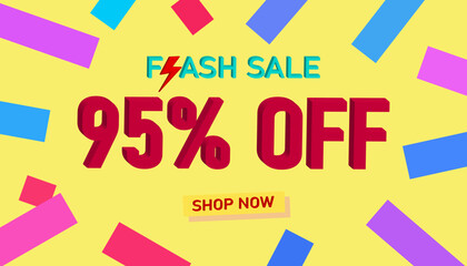 Flash Sale 95% Discount. Sales poster or banner with 3D text on yellow background, Flash Sales banner template design for social media and website. Special Offer Flash Sale campaigns or promotions.