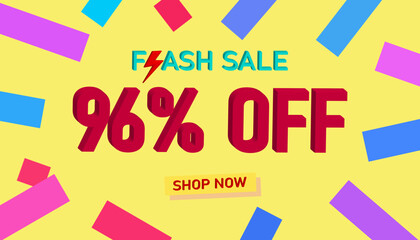 Flash Sale 96% Discount. Sales poster or banner with 3D text on yellow background, Flash Sales banner template design for social media and website. Special Offer Flash Sale campaigns or promotions.