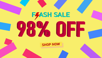 Flash Sale 98% Discount. Sales poster or banner with 3D text on yellow background, Flash Sales banner template design for social media and website. Special Offer Flash Sale campaigns or promotions.