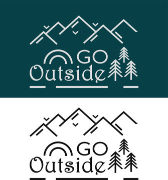 Vector emblem prnt on the theme of camping nature travel. Vector drawing and text.