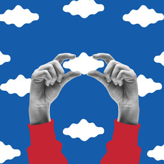 Contemporary art collage. Human hands holding small clouds over dawn sky background. Freedom,...