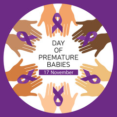 Many hands with purple ribbon Square banner for 17 November Day of premature babies. Vector illustration.