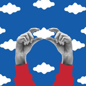 Contemporary art collage. Human hands holding small clouds over dawn sky background. Freedom, happiness and positivity