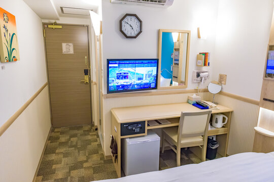 NARA, JAPAN - SEP 2, 2022: Image of typical standard hotel guest room interior in Japan.