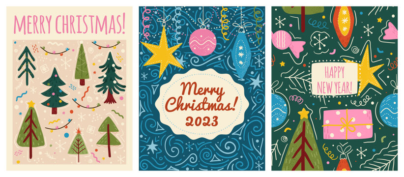 Merry christmas and happy new year greeting cards template. Vector set of winter holiday illustrations in vintage style. Christmas tree and toys. 2023 new year hand drawn poster