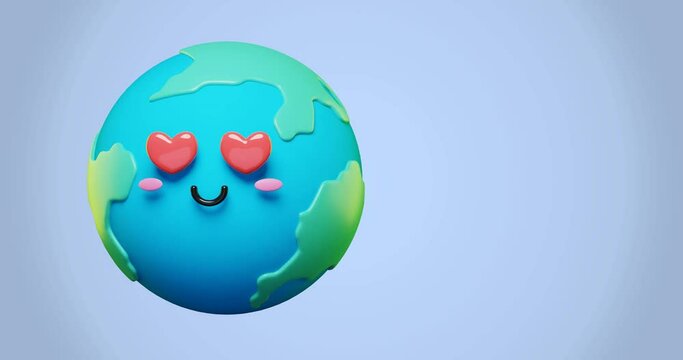Loop animation of 3d adorable cartoon earth, green planet with love eyes and happy mood in sunny day as concept for love and peace. 3d render animation