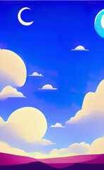 Minimalist drawing flat illustration of landscape, clouds, starry night with moon in the sky and moonlight. Minimalism design digital painting print, creative template background.