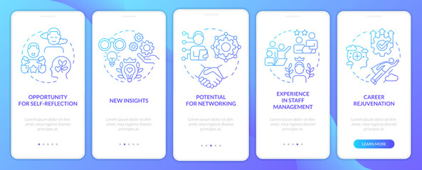 Benefits of coaching blue gradient onboarding mobile app screen. Potential walkthrough 5 steps graphic instructions with linear concepts. UI, UX, GUI template. Myriad Pro-Bold, Regular fonts used