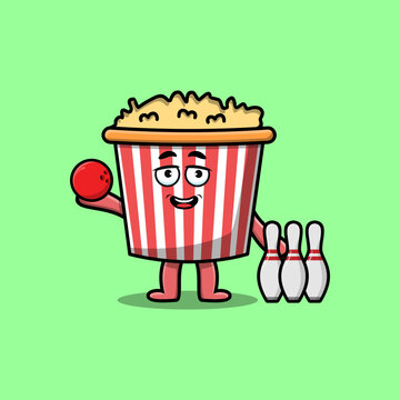Cute cartoon Popcorn character playing bowling in flat modern style design illustration