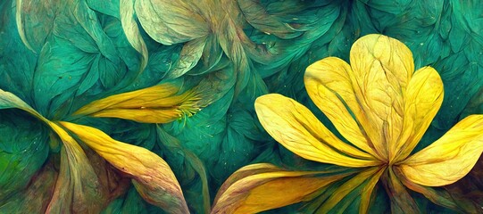 Obraz na płótnie Canvas Abstract flower fantasy of petal swirls, vibrant bright spring colors of emerald and lime green, sunflower yellow. Gorgeous decoration & blooming beautiful design background.