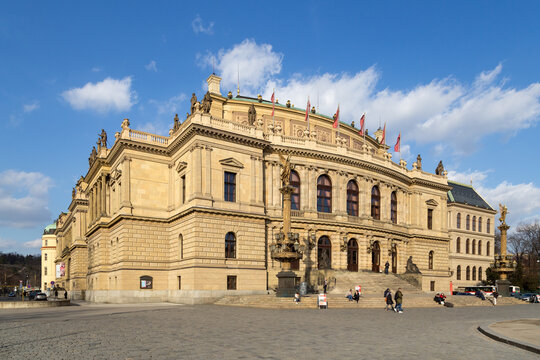 Prague, Czech Republic - March 15, 2017: Exterior view of the Rudolfinum with people in front